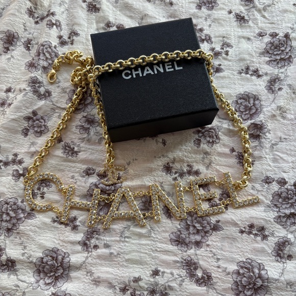 CHANEL Accessories - Chanel Metal Crystal Logo Chain Belt